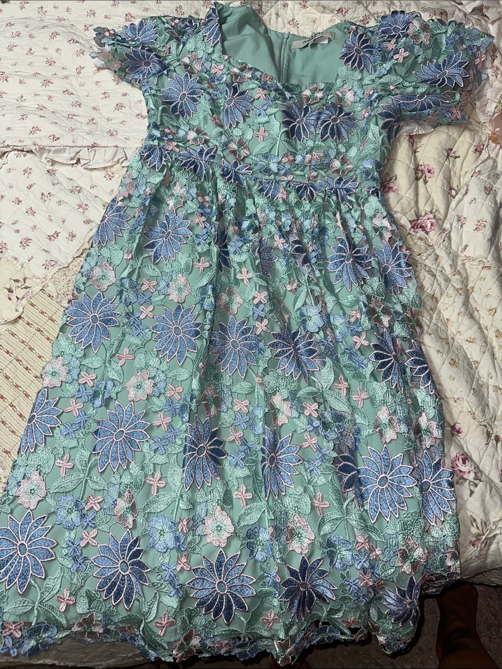 JessaKae Mint Green Embroidered Floral Bodice Dress